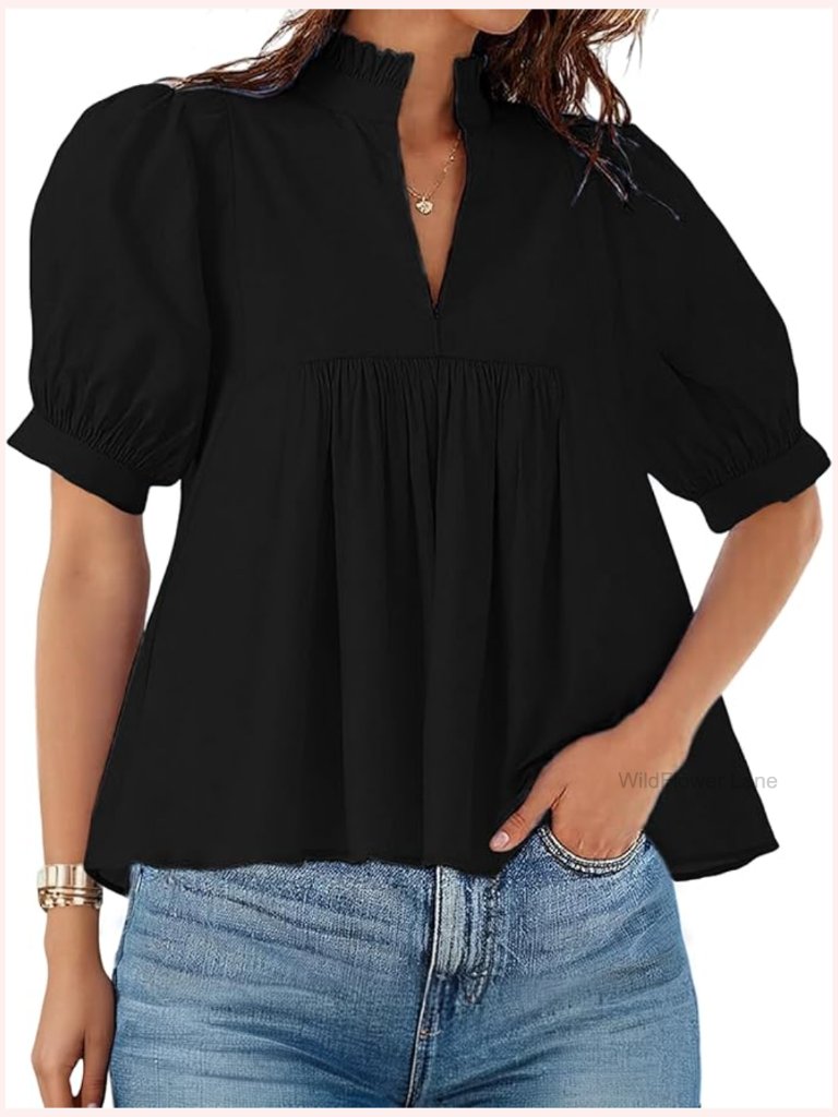 Womens Babydoll Peplum Top Short Puff Sleeves V Neck Cotton